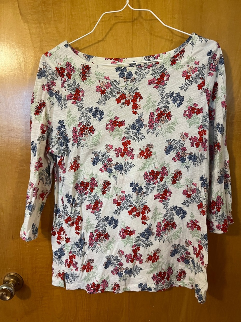 LOFT White Floral Boatneck Top with Red & Blue Blooms